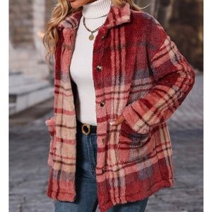 SHEIN LUNE Plaid Pattern Teddy Coat Size M